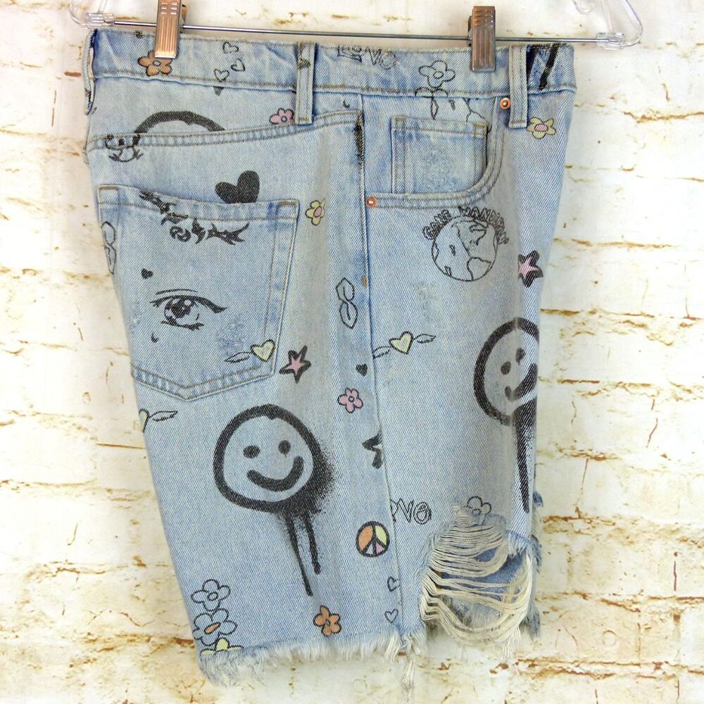 Wild Fable Denim Shorts Women 0 Doodle Print Bermuda Distressed High Rise Grunge - Picture 13 of 14